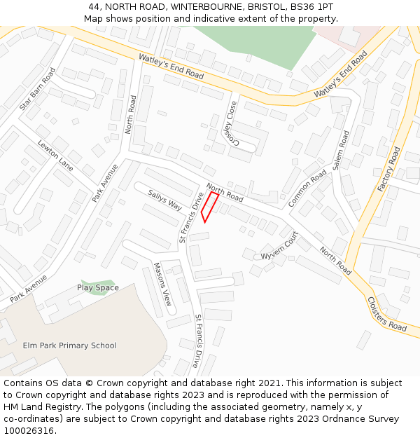 44, NORTH ROAD, WINTERBOURNE, BRISTOL, BS36 1PT: Location map and indicative extent of plot