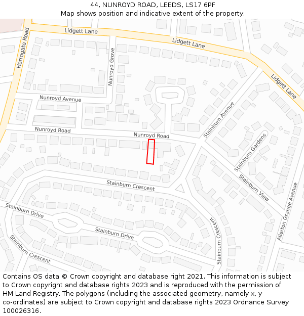 44, NUNROYD ROAD, LEEDS, LS17 6PF: Location map and indicative extent of plot