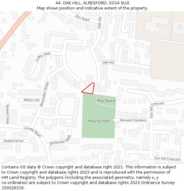 44, OAK HILL, ALRESFORD, SO24 9UG: Location map and indicative extent of plot