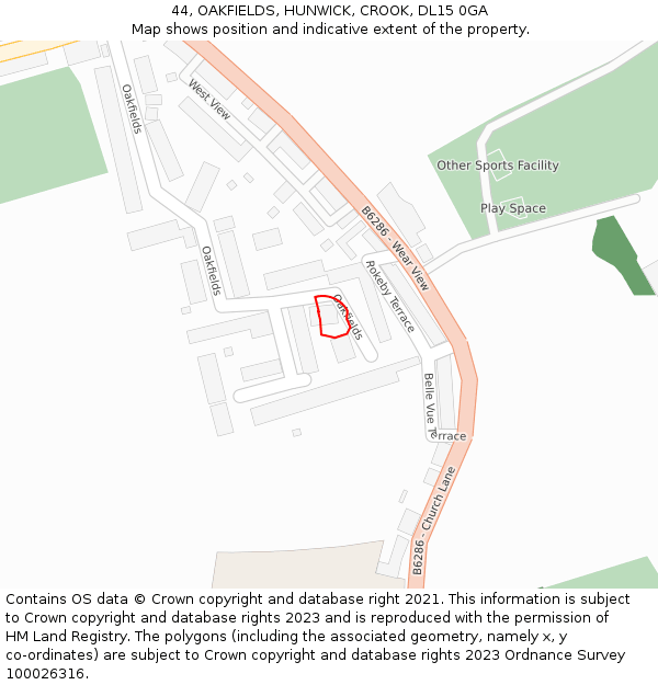 44, OAKFIELDS, HUNWICK, CROOK, DL15 0GA: Location map and indicative extent of plot