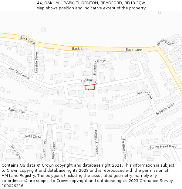 44, OAKHALL PARK, THORNTON, BRADFORD, BD13 3QW: Location map and indicative extent of plot