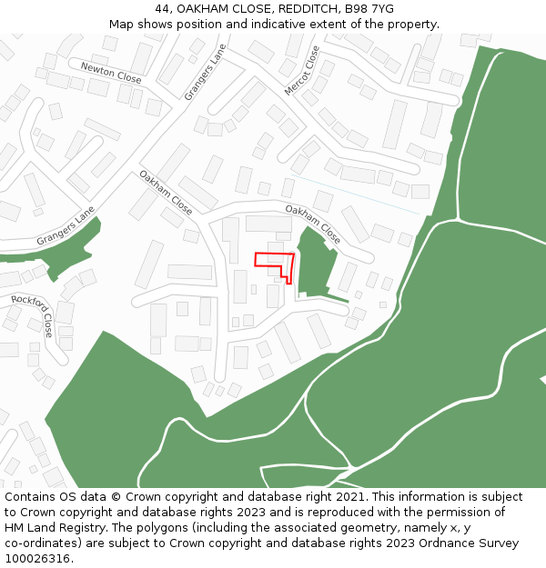 44, OAKHAM CLOSE, REDDITCH, B98 7YG: Location map and indicative extent of plot