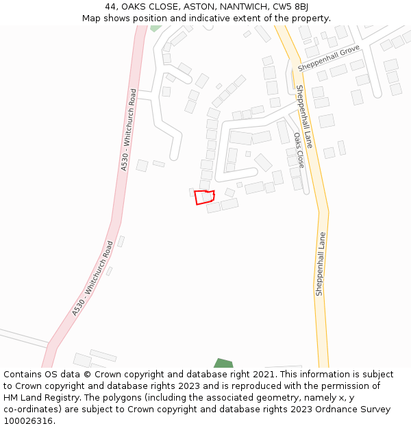 44, OAKS CLOSE, ASTON, NANTWICH, CW5 8BJ: Location map and indicative extent of plot