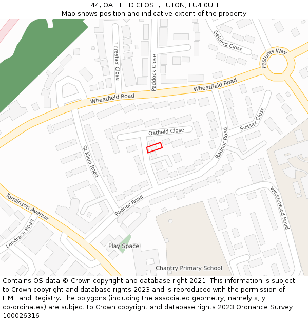 44, OATFIELD CLOSE, LUTON, LU4 0UH: Location map and indicative extent of plot