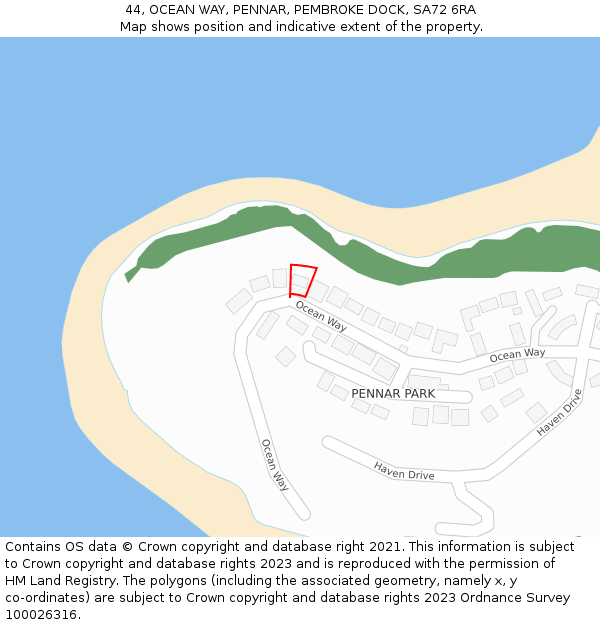 44, OCEAN WAY, PENNAR, PEMBROKE DOCK, SA72 6RA: Location map and indicative extent of plot