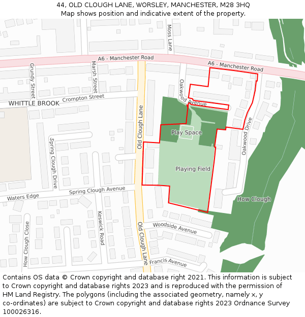 44, OLD CLOUGH LANE, WORSLEY, MANCHESTER, M28 3HQ: Location map and indicative extent of plot