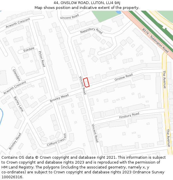 44, ONSLOW ROAD, LUTON, LU4 9AJ: Location map and indicative extent of plot