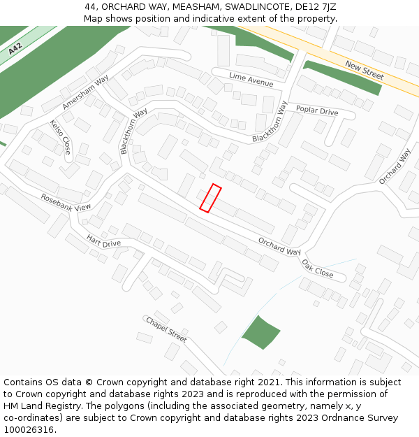 44, ORCHARD WAY, MEASHAM, SWADLINCOTE, DE12 7JZ: Location map and indicative extent of plot