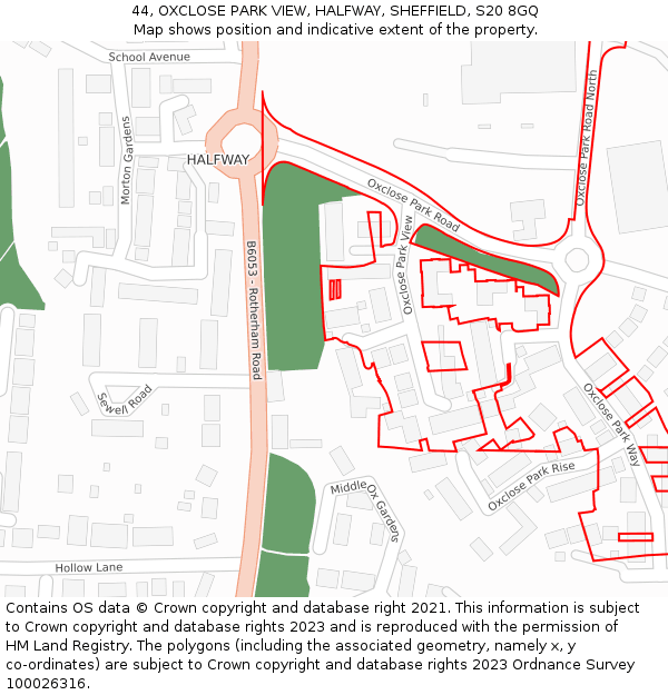 44, OXCLOSE PARK VIEW, HALFWAY, SHEFFIELD, S20 8GQ: Location map and indicative extent of plot