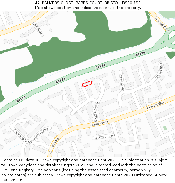 44, PALMERS CLOSE, BARRS COURT, BRISTOL, BS30 7SE: Location map and indicative extent of plot