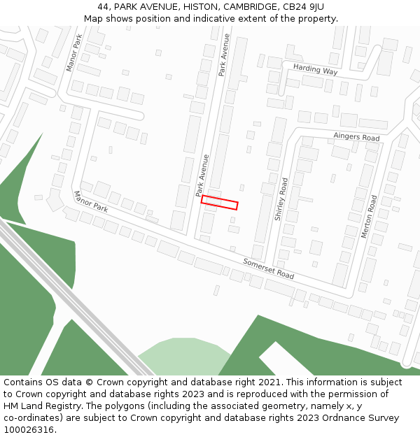 44, PARK AVENUE, HISTON, CAMBRIDGE, CB24 9JU: Location map and indicative extent of plot