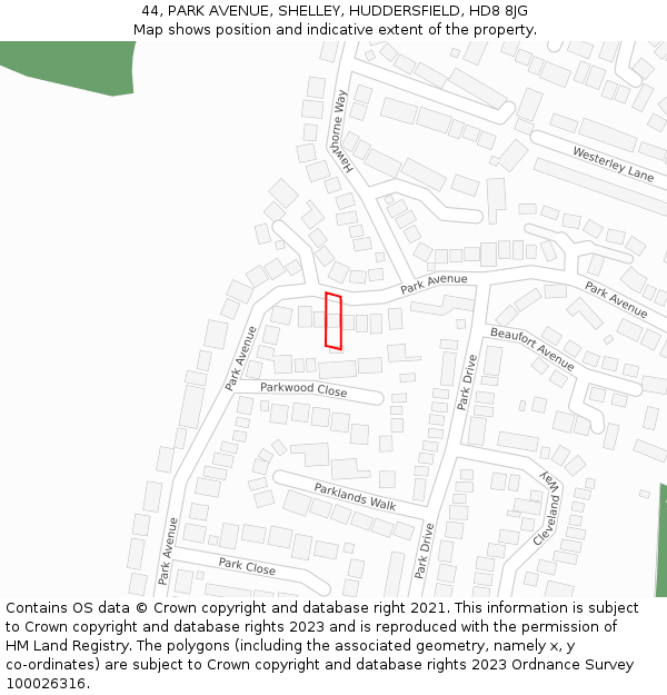 44, PARK AVENUE, SHELLEY, HUDDERSFIELD, HD8 8JG: Location map and indicative extent of plot