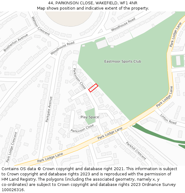 44, PARKINSON CLOSE, WAKEFIELD, WF1 4NR: Location map and indicative extent of plot