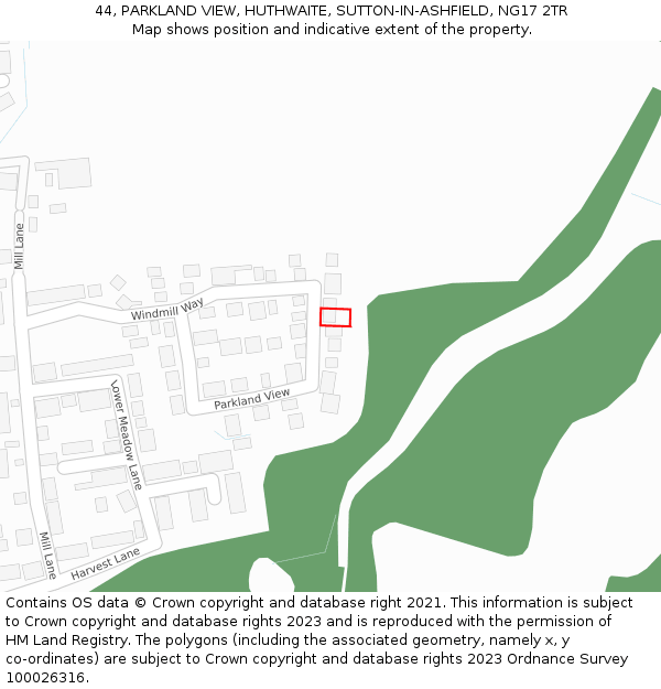 44, PARKLAND VIEW, HUTHWAITE, SUTTON-IN-ASHFIELD, NG17 2TR: Location map and indicative extent of plot