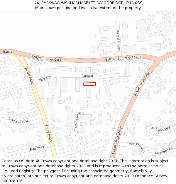 44, PARKWAY, WICKHAM MARKET, WOODBRIDGE, IP13 0SS: Location map and indicative extent of plot
