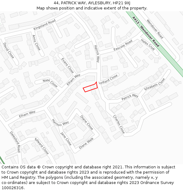 44, PATRICK WAY, AYLESBURY, HP21 9XJ: Location map and indicative extent of plot