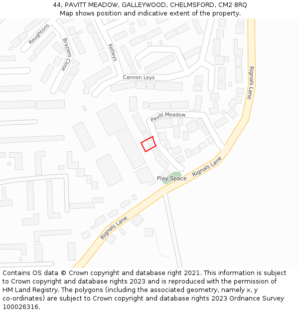 44, PAVITT MEADOW, GALLEYWOOD, CHELMSFORD, CM2 8RQ: Location map and indicative extent of plot