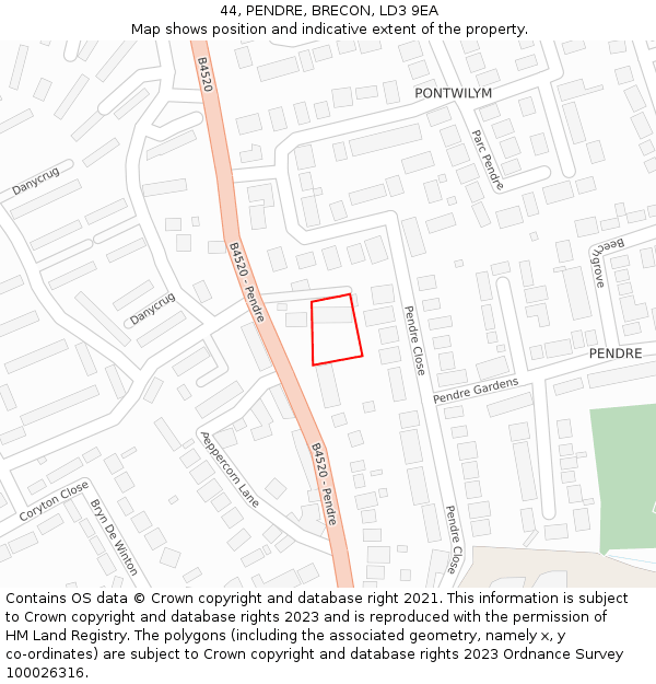 44, PENDRE, BRECON, LD3 9EA: Location map and indicative extent of plot