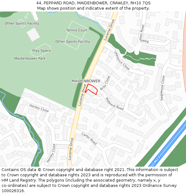 44, PEPPARD ROAD, MAIDENBOWER, CRAWLEY, RH10 7QS: Location map and indicative extent of plot