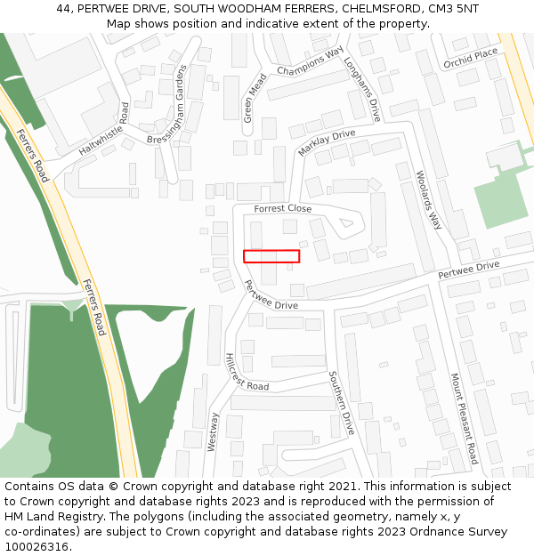 44, PERTWEE DRIVE, SOUTH WOODHAM FERRERS, CHELMSFORD, CM3 5NT: Location map and indicative extent of plot