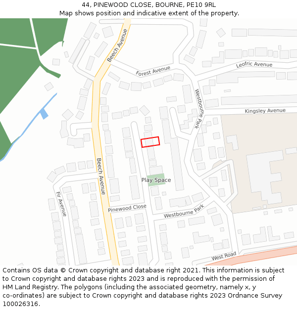 44, PINEWOOD CLOSE, BOURNE, PE10 9RL: Location map and indicative extent of plot