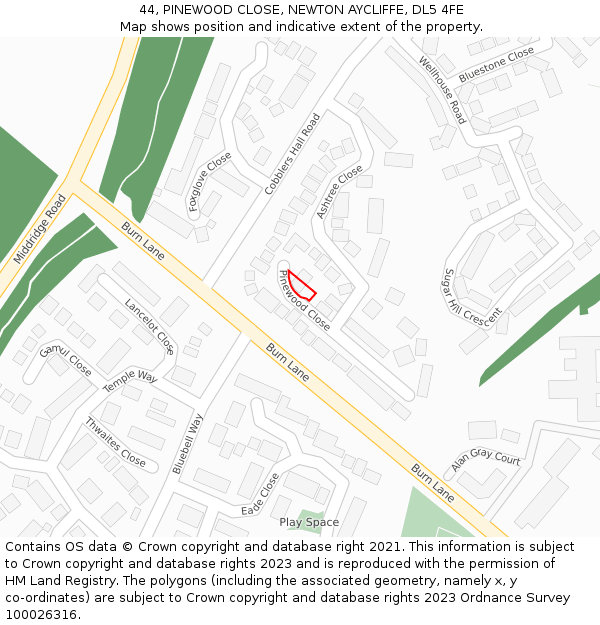 44, PINEWOOD CLOSE, NEWTON AYCLIFFE, DL5 4FE: Location map and indicative extent of plot