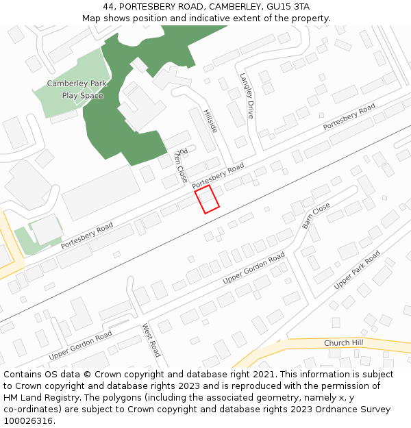 44, PORTESBERY ROAD, CAMBERLEY, GU15 3TA: Location map and indicative extent of plot