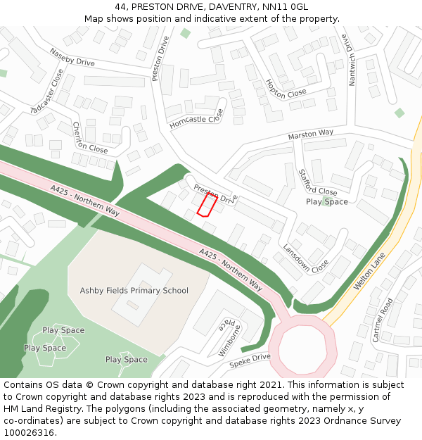 44, PRESTON DRIVE, DAVENTRY, NN11 0GL: Location map and indicative extent of plot