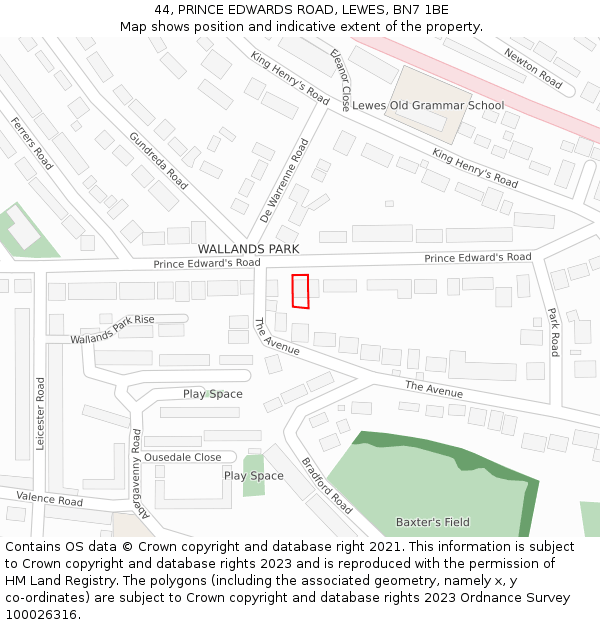 44, PRINCE EDWARDS ROAD, LEWES, BN7 1BE: Location map and indicative extent of plot