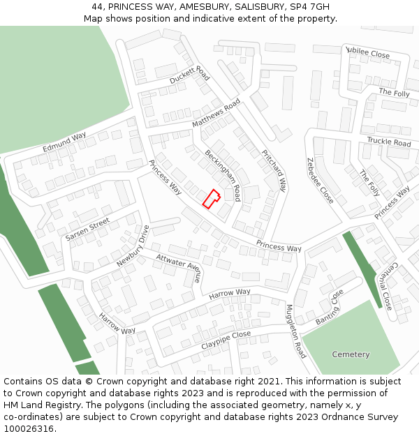 44, PRINCESS WAY, AMESBURY, SALISBURY, SP4 7GH: Location map and indicative extent of plot