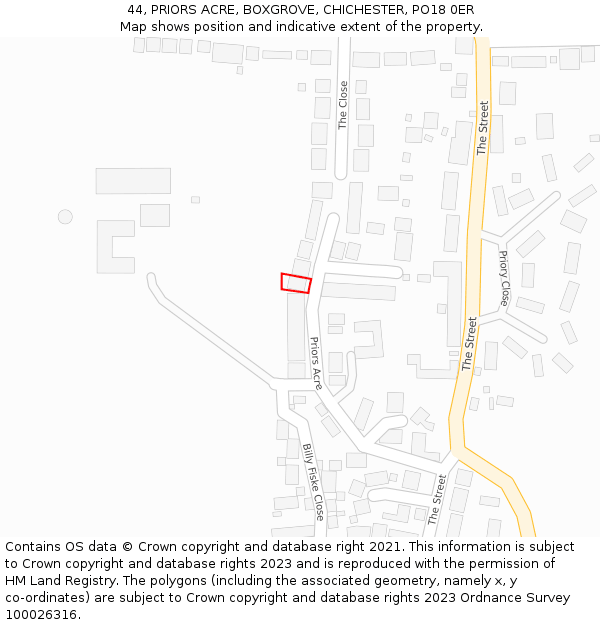 44, PRIORS ACRE, BOXGROVE, CHICHESTER, PO18 0ER: Location map and indicative extent of plot