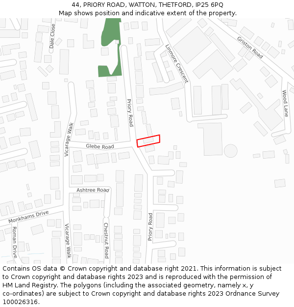 44, PRIORY ROAD, WATTON, THETFORD, IP25 6PQ: Location map and indicative extent of plot