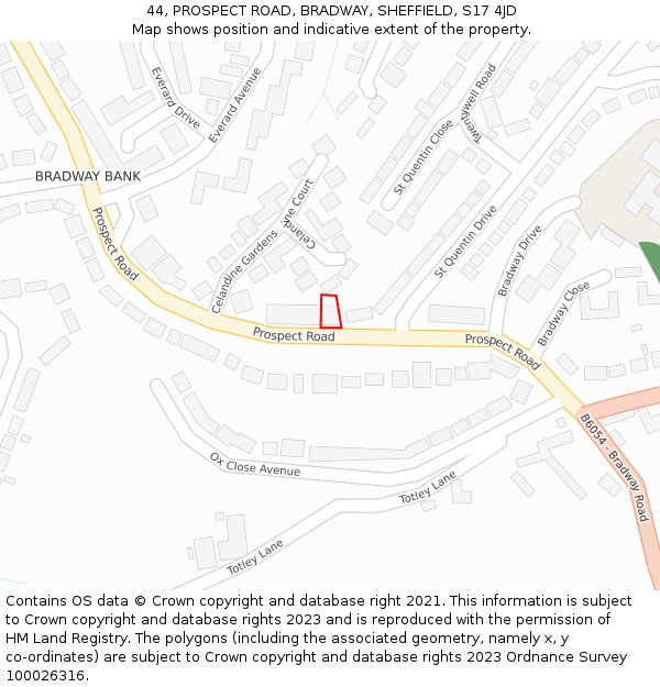 44, PROSPECT ROAD, BRADWAY, SHEFFIELD, S17 4JD: Location map and indicative extent of plot