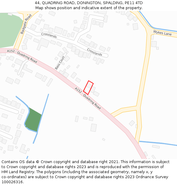 44, QUADRING ROAD, DONINGTON, SPALDING, PE11 4TD: Location map and indicative extent of plot