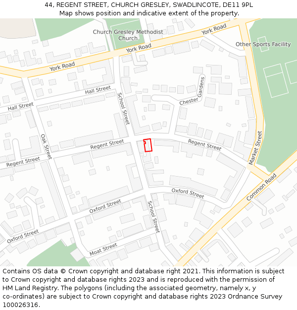 44, REGENT STREET, CHURCH GRESLEY, SWADLINCOTE, DE11 9PL: Location map and indicative extent of plot