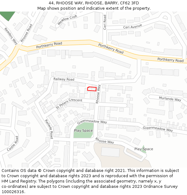 44, RHOOSE WAY, RHOOSE, BARRY, CF62 3FD: Location map and indicative extent of plot