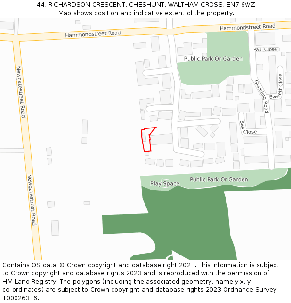 44, RICHARDSON CRESCENT, CHESHUNT, WALTHAM CROSS, EN7 6WZ: Location map and indicative extent of plot