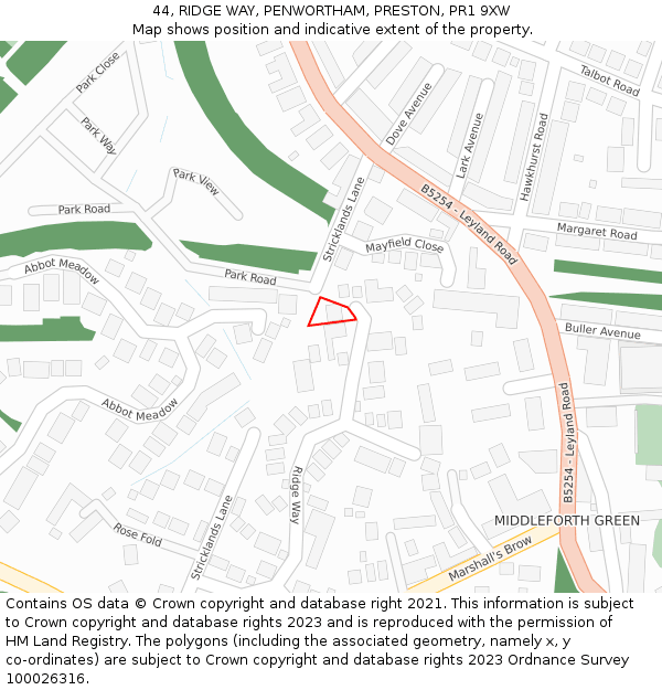 44, RIDGE WAY, PENWORTHAM, PRESTON, PR1 9XW: Location map and indicative extent of plot