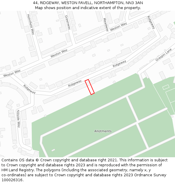 44, RIDGEWAY, WESTON FAVELL, NORTHAMPTON, NN3 3AN: Location map and indicative extent of plot