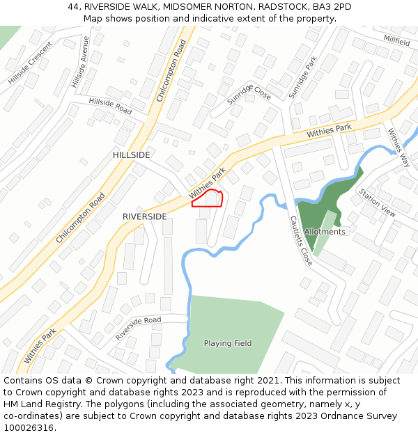 44, RIVERSIDE WALK, MIDSOMER NORTON, RADSTOCK, BA3 2PD: Location map and indicative extent of plot