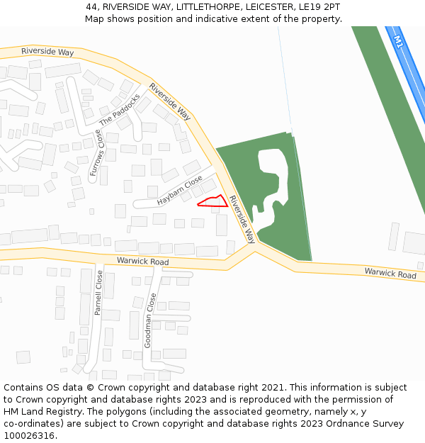44, RIVERSIDE WAY, LITTLETHORPE, LEICESTER, LE19 2PT: Location map and indicative extent of plot
