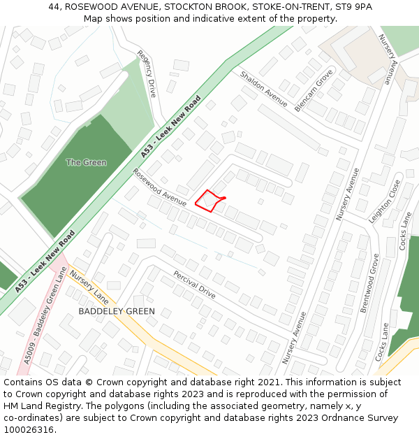 44, ROSEWOOD AVENUE, STOCKTON BROOK, STOKE-ON-TRENT, ST9 9PA: Location map and indicative extent of plot