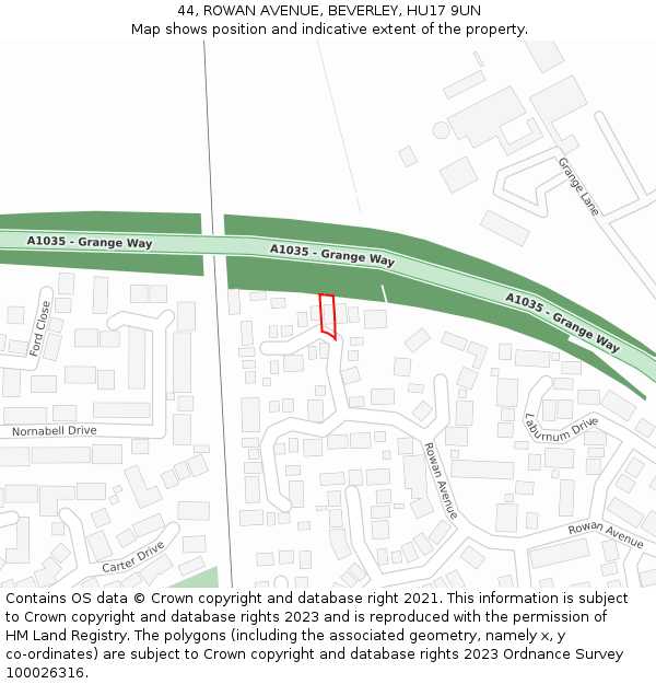 44, ROWAN AVENUE, BEVERLEY, HU17 9UN: Location map and indicative extent of plot