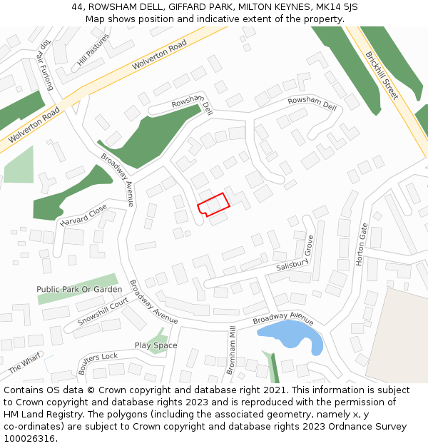 44, ROWSHAM DELL, GIFFARD PARK, MILTON KEYNES, MK14 5JS: Location map and indicative extent of plot