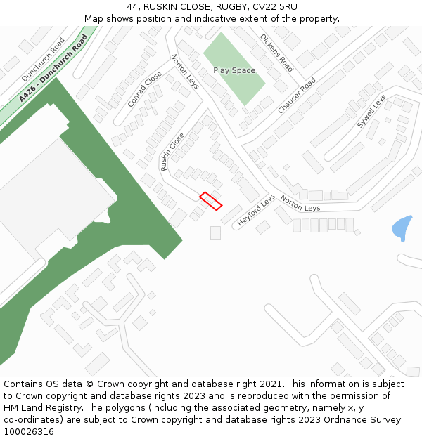 44, RUSKIN CLOSE, RUGBY, CV22 5RU: Location map and indicative extent of plot