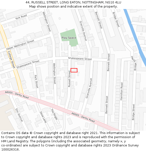 44, RUSSELL STREET, LONG EATON, NOTTINGHAM, NG10 4LU: Location map and indicative extent of plot