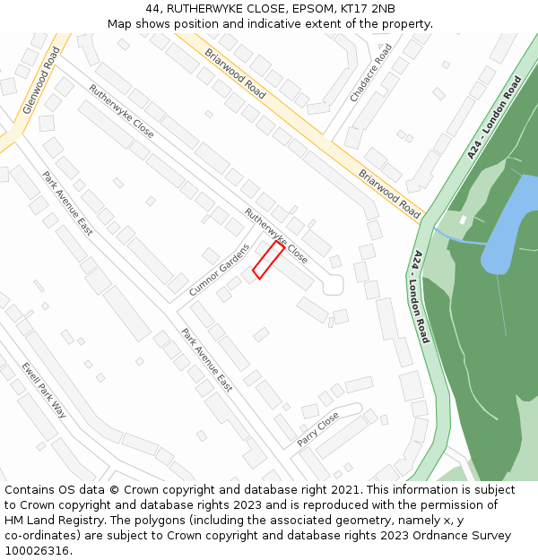 44, RUTHERWYKE CLOSE, EPSOM, KT17 2NB: Location map and indicative extent of plot