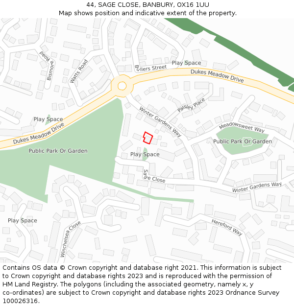 44, SAGE CLOSE, BANBURY, OX16 1UU: Location map and indicative extent of plot