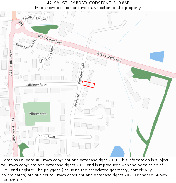 44, SALISBURY ROAD, GODSTONE, RH9 8AB: Location map and indicative extent of plot