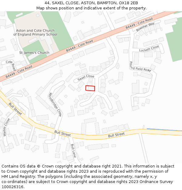 44, SAXEL CLOSE, ASTON, BAMPTON, OX18 2EB: Location map and indicative extent of plot